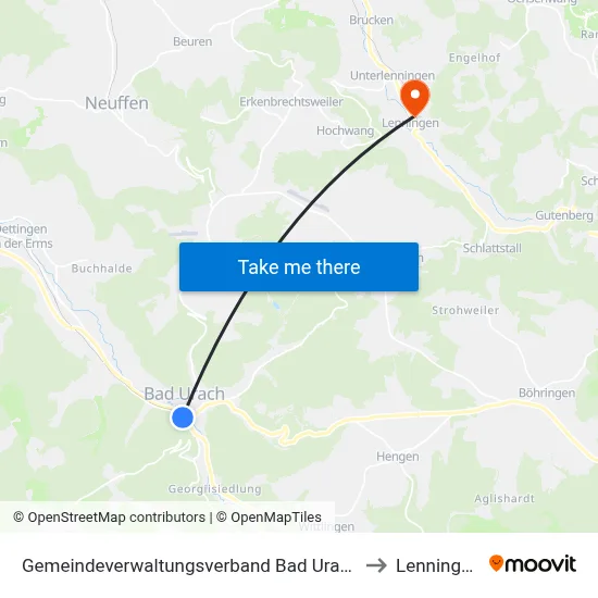 Gemeindeverwaltungsverband Bad Urach to Lenningen map
