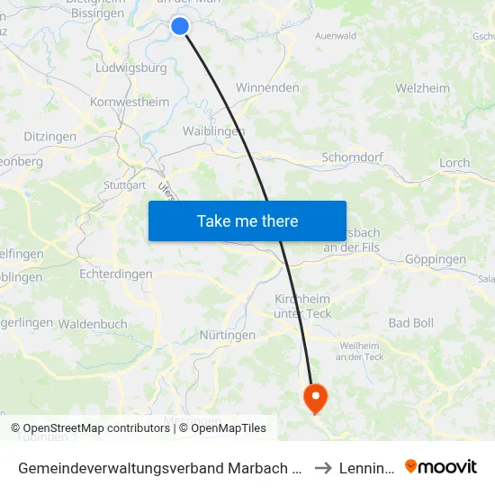 Gemeindeverwaltungsverband Marbach am Neckar to Lenningen map