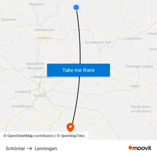 Schöntal to Lenningen map