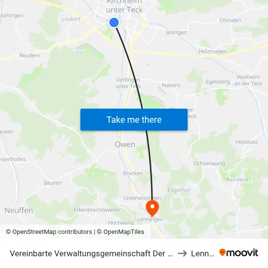 Vereinbarte Verwaltungsgemeinschaft Der Stadt Kirchheim Unter Teck to Lenningen map