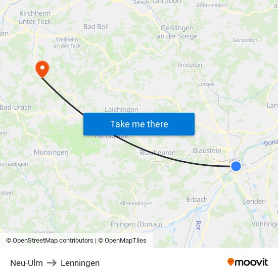 Neu-Ulm to Lenningen map