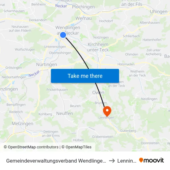 Gemeindeverwaltungsverband Wendlingen am Neckar to Lenningen map