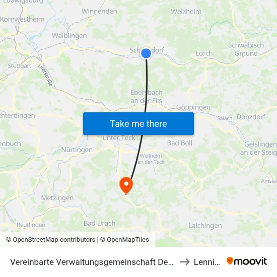 Vereinbarte Verwaltungsgemeinschaft Der Stadt Schorndorf to Lenningen map