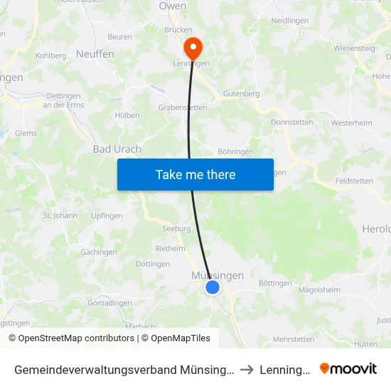 Gemeindeverwaltungsverband Münsingen to Lenningen map