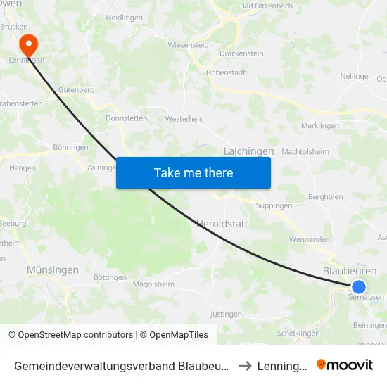 Gemeindeverwaltungsverband Blaubeuren to Lenningen map