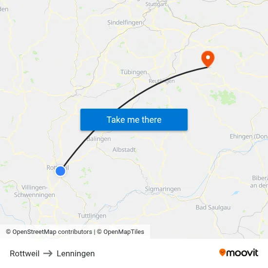 Rottweil to Lenningen map
