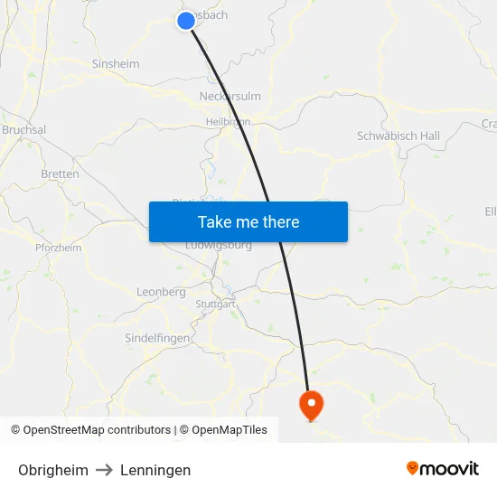 Obrigheim to Lenningen map