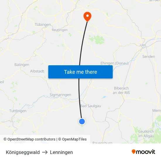 Königseggwald to Lenningen map
