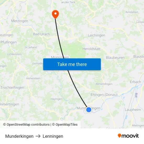 Munderkingen to Lenningen map