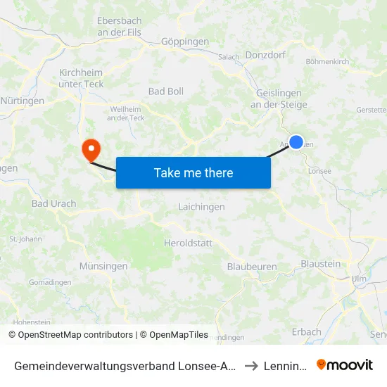 Gemeindeverwaltungsverband Lonsee-Amstetten to Lenningen map