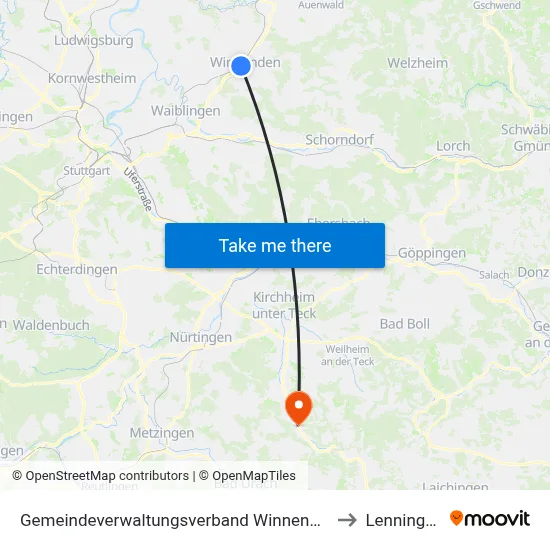 Gemeindeverwaltungsverband Winnenden to Lenningen map