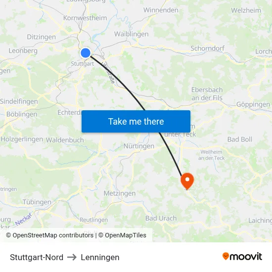 Stuttgart-Nord to Lenningen map