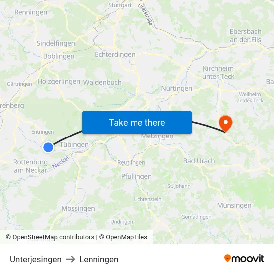 Unterjesingen to Lenningen map