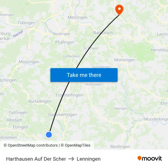 Harthausen Auf Der Scher to Lenningen map