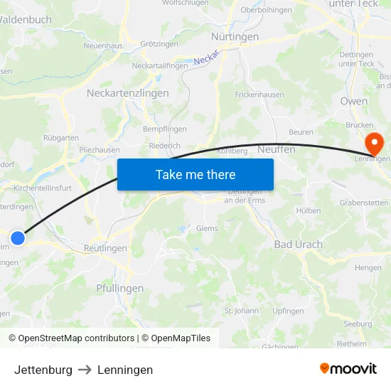 Jettenburg to Lenningen map