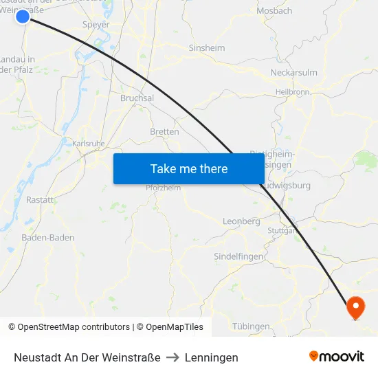Neustadt An Der Weinstraße to Lenningen map
