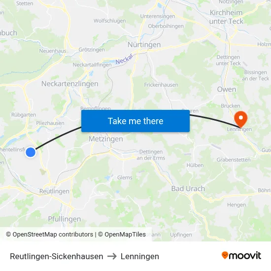 Reutlingen-Sickenhausen to Lenningen map