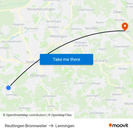 Reutlingen-Bronnweiler to Lenningen map