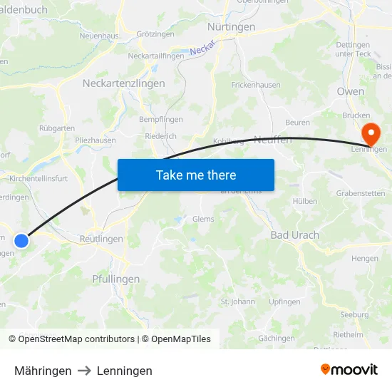 Mähringen to Lenningen map
