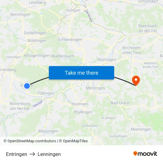 Entringen to Lenningen map