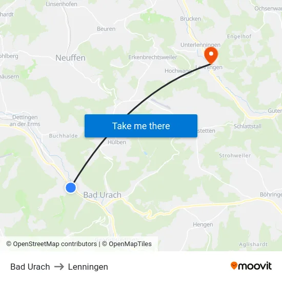 Bad Urach to Lenningen map