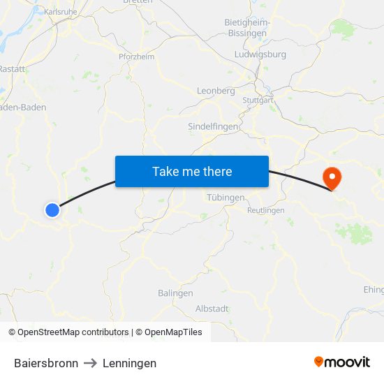 Baiersbronn to Lenningen map