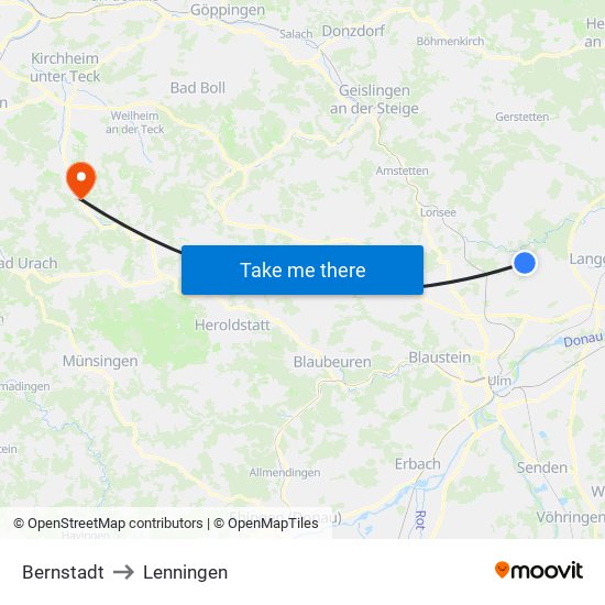 Bernstadt to Lenningen map