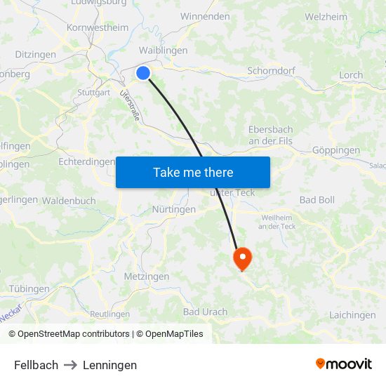 Fellbach to Lenningen map