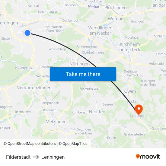 Filderstadt to Lenningen map