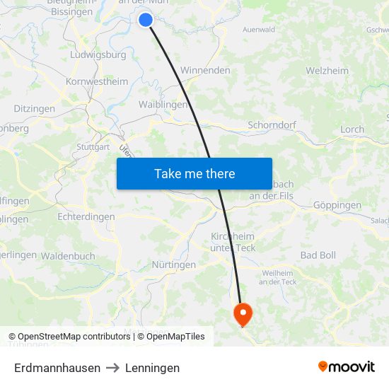 Erdmannhausen to Lenningen map