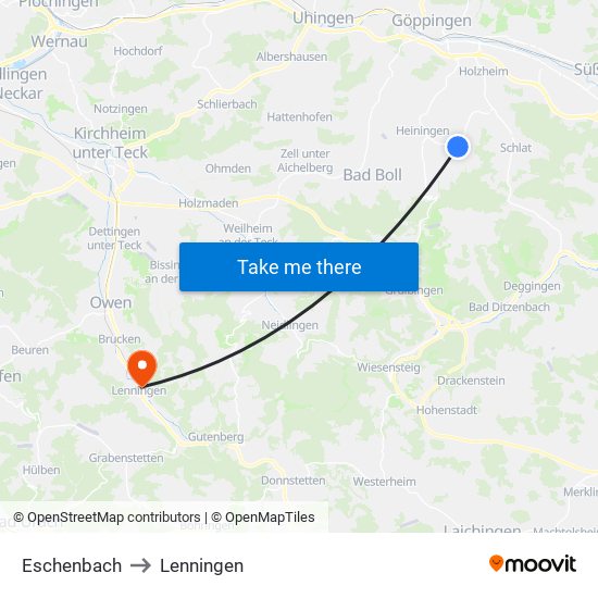 Eschenbach to Lenningen map