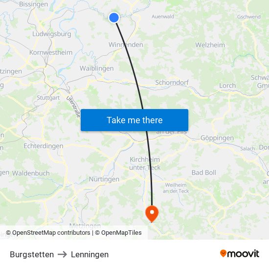 Burgstetten to Lenningen map