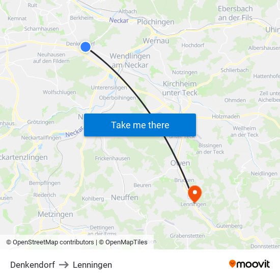 Denkendorf to Lenningen map