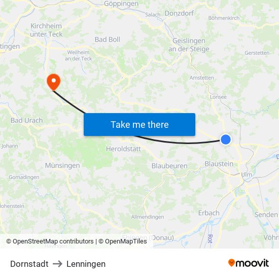 Dornstadt to Lenningen map