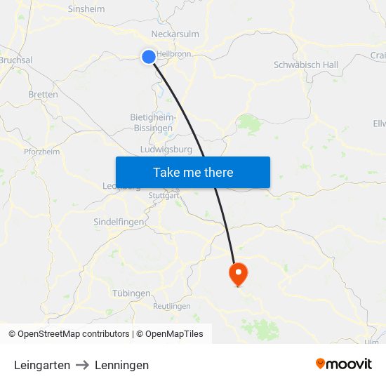 Leingarten to Lenningen map