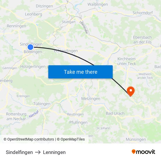 Sindelfingen to Lenningen map