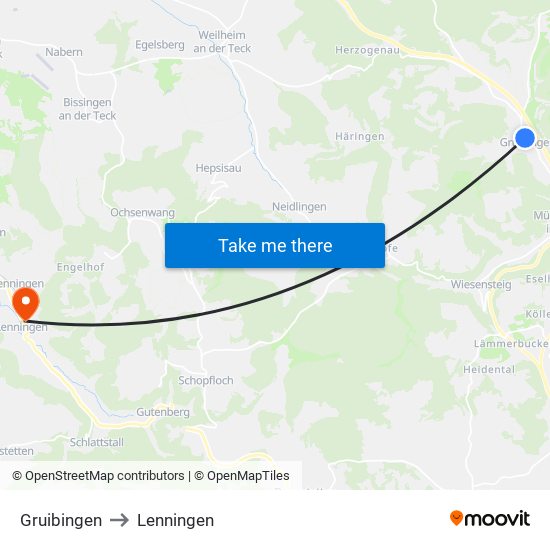 Gruibingen to Lenningen map