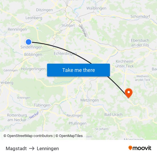 Magstadt to Lenningen map