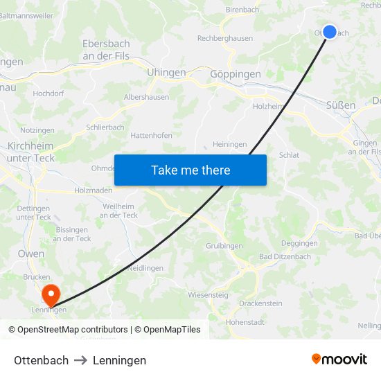 Ottenbach to Lenningen map