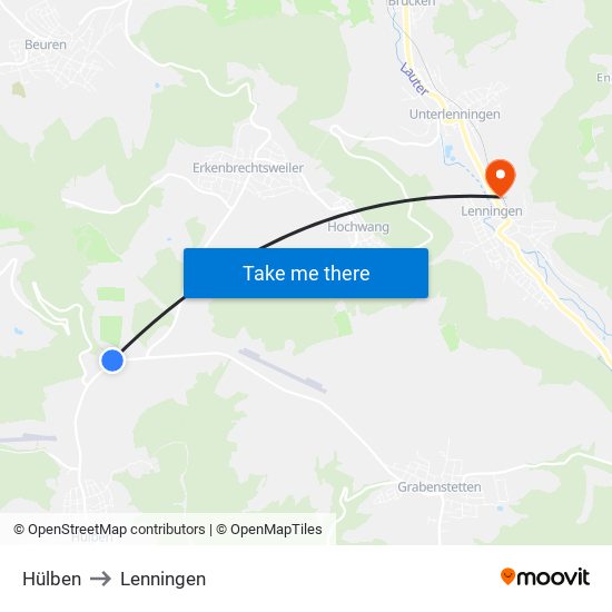 Hülben to Lenningen map