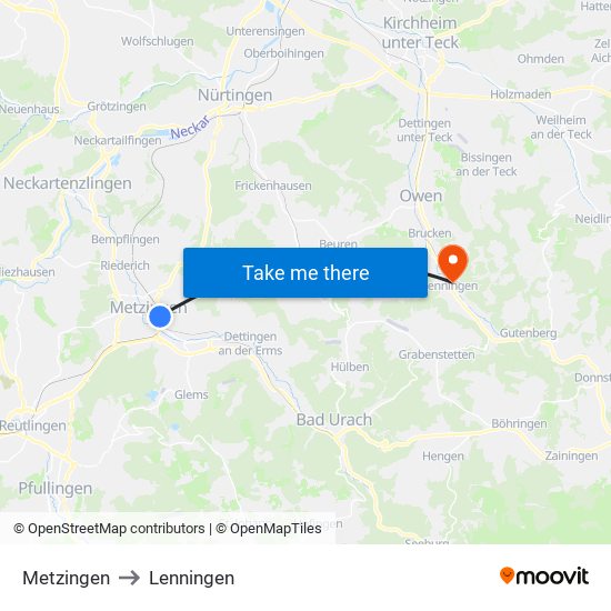 Metzingen to Lenningen map