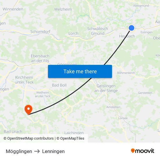 Mögglingen to Lenningen map