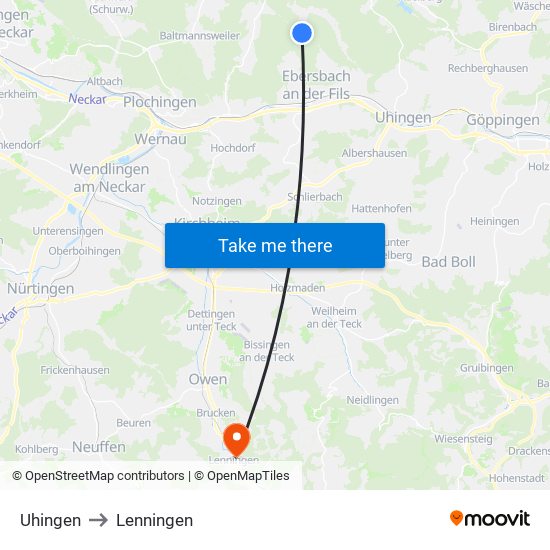 Uhingen to Lenningen map