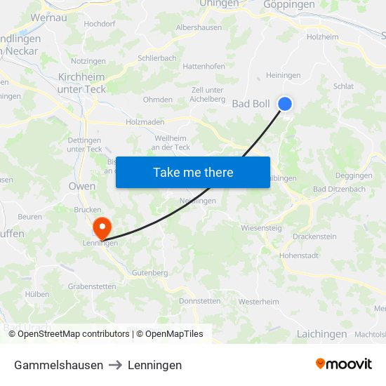 Gammelshausen to Lenningen map