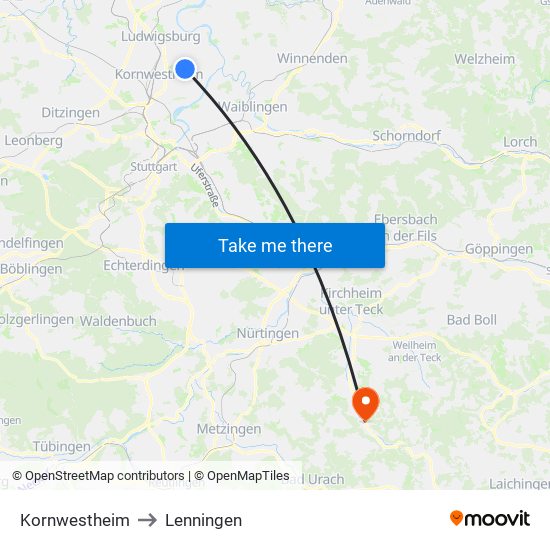 Kornwestheim to Lenningen map