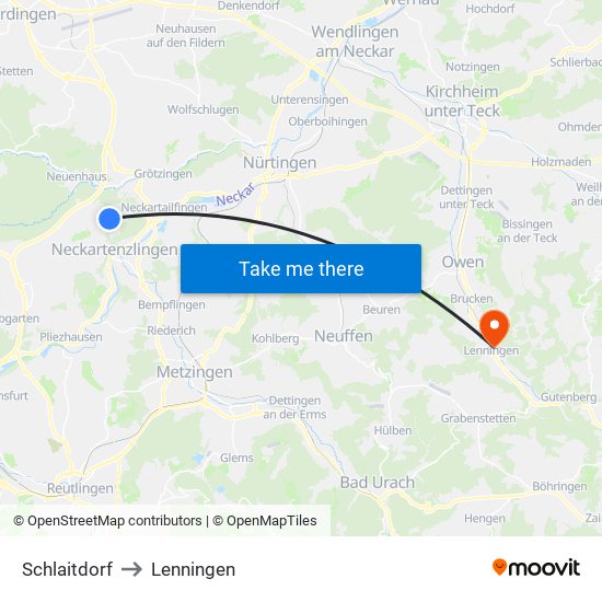 Schlaitdorf to Lenningen map