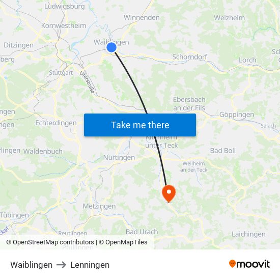 Waiblingen to Lenningen map
