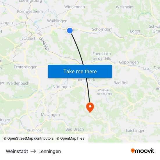 Weinstadt to Lenningen map