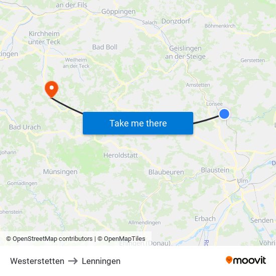 Westerstetten to Lenningen map