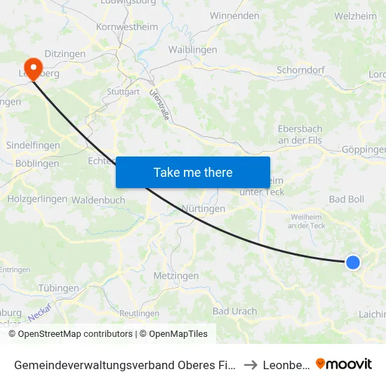 Gemeindeverwaltungsverband Oberes Filstal to Leonberg map